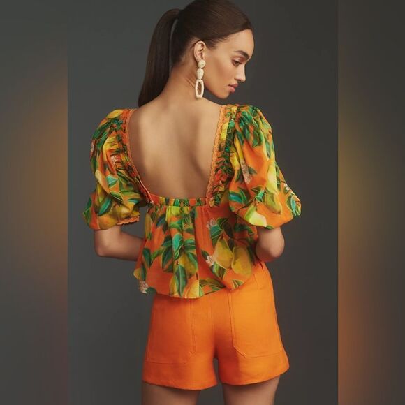 Farm Rio x Anthropologie Orange Chic Pears Short-Sleeve Blouse Size Medium - Picture 2 of 3
